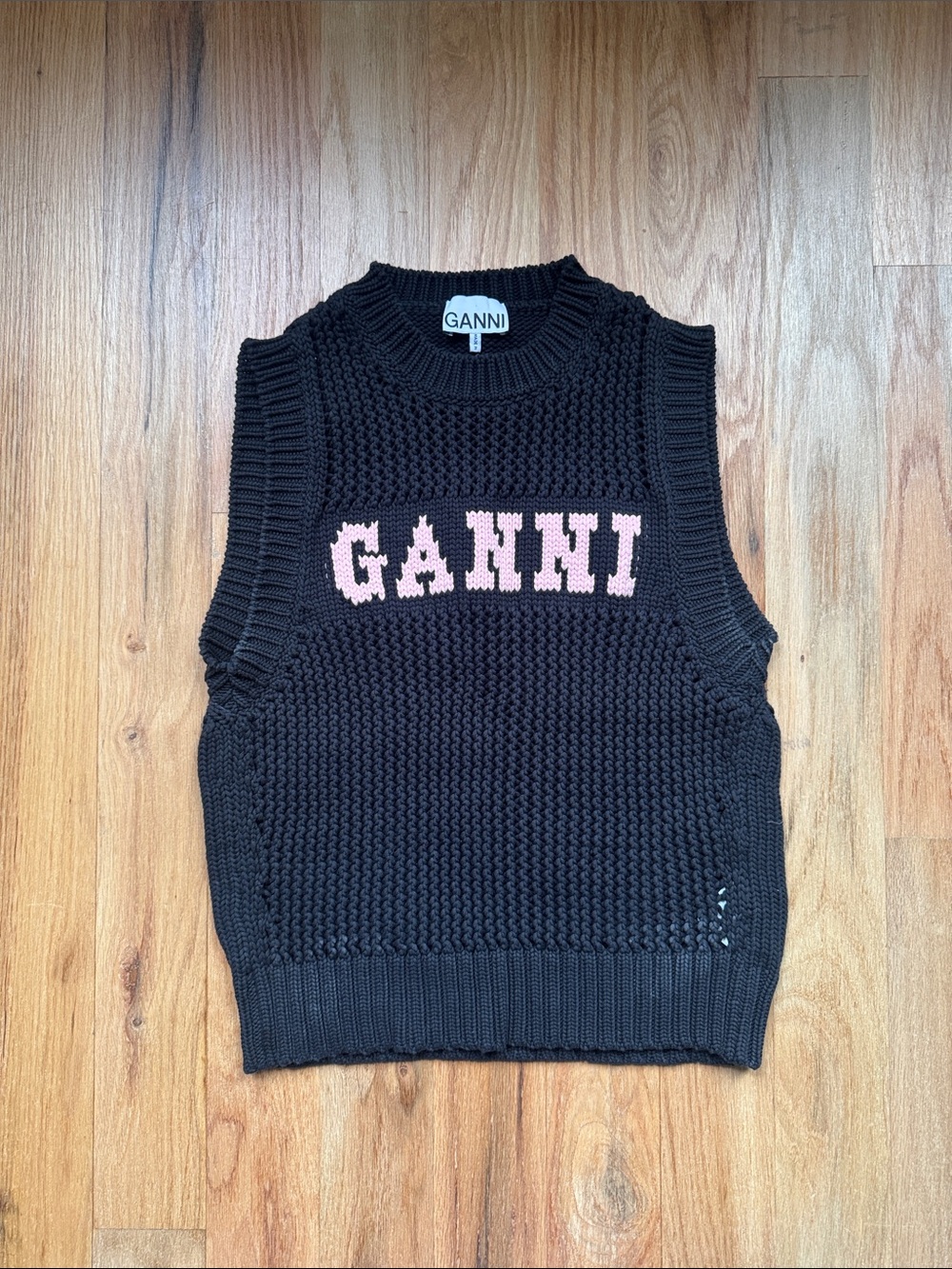 Ganni Black Sleeveless Knit Vest with Pink Logo